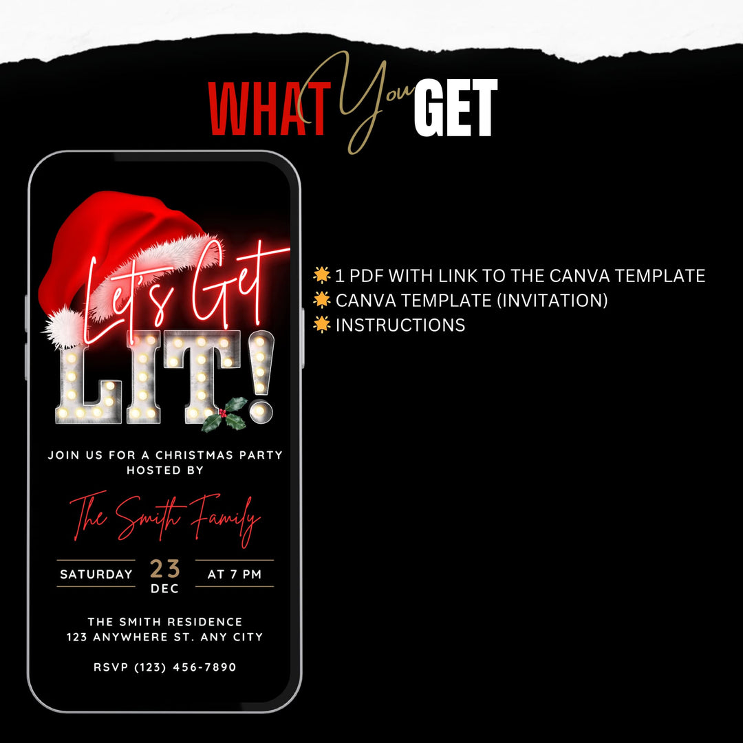 Let’s Get Lit Christmas Party Invitation - Editable Canva Template