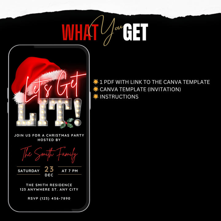 Let’s Get Lit Christmas Party Invitation - Editable Canva Template