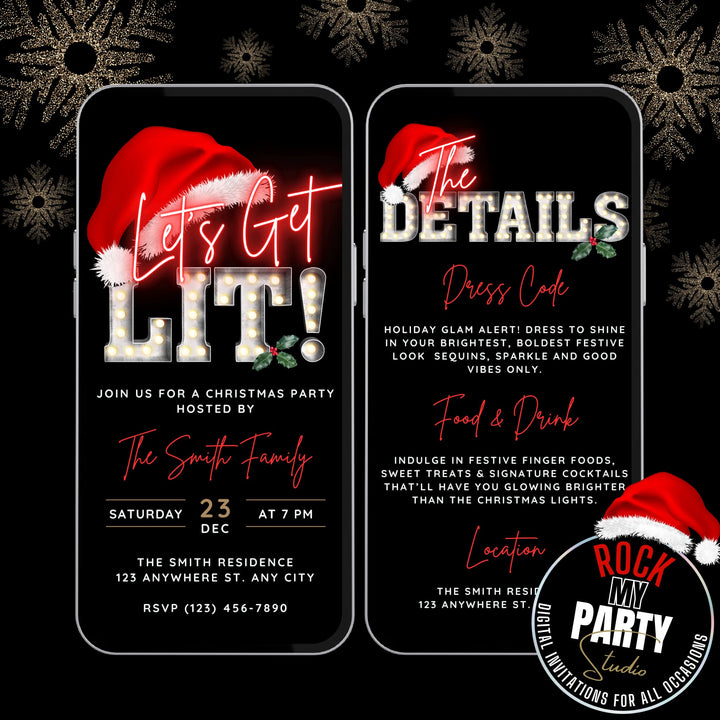 Let’s Get Lit Christmas Party Invitation with Details - Animated Editable Template