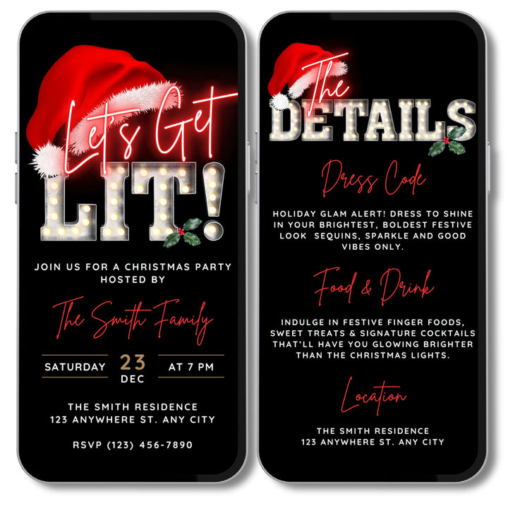 Let’s Get Lit Christmas Party Invitation with Details - Animated Editable Template