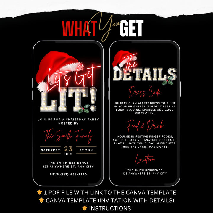 Let’s Get Lit Christmas Party Invitation with Details - Animated Editable Template