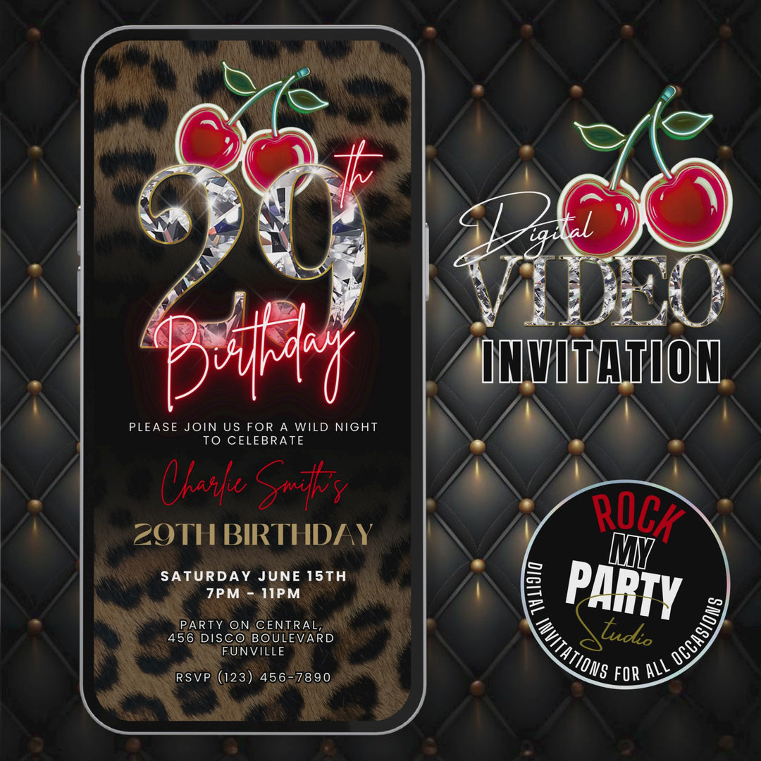 Wild Cherry Leopard Print 29th Birthday Invitation Video – Self Editable Digital Template