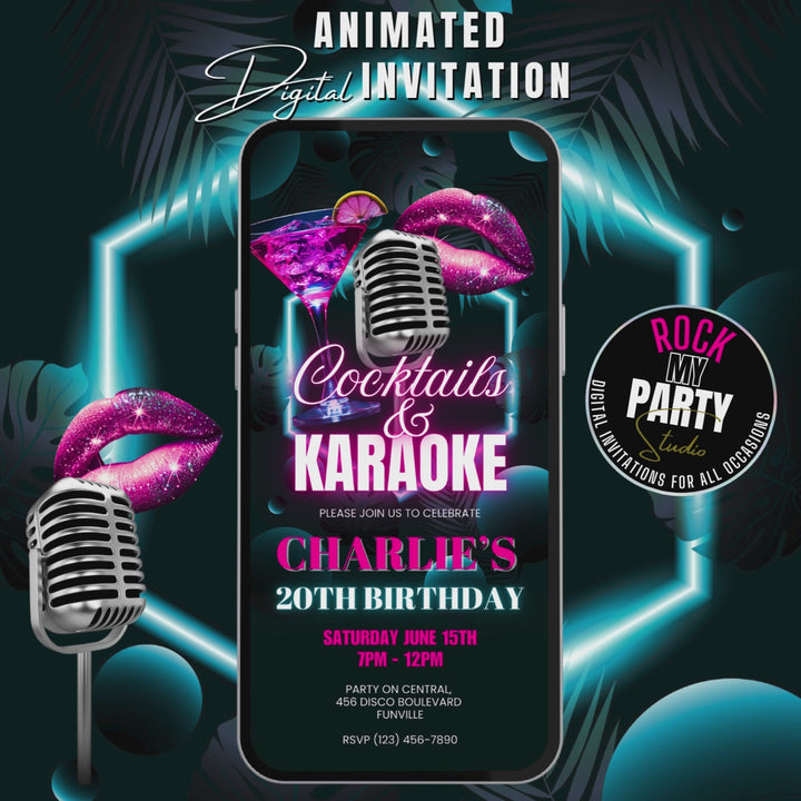 Adults Karaoke Party Invite with Details - Pink & Blue Neon Cocktails & Karaoke Invitation Canva Template