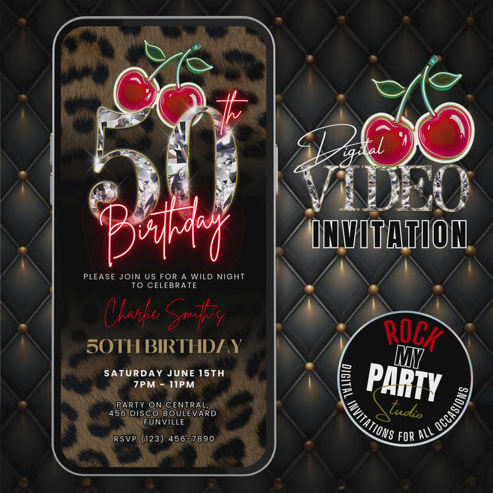 Wild Cherry Leopard Print 50th Birthday Invitation with Vibes – Self Editable Digital Template