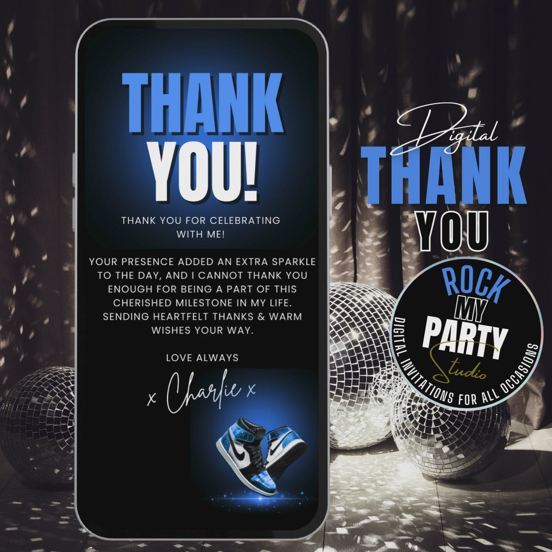 Blue Sneaker Party Birthday Invitation with Details & Thank You Card - Digital Sneaker Ball Invite Canva Template