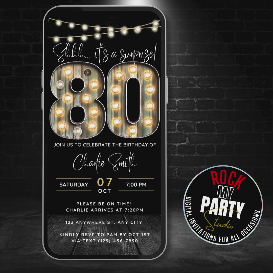 Surprise 80th Birthday Invitation – Digital Editable Canva Template