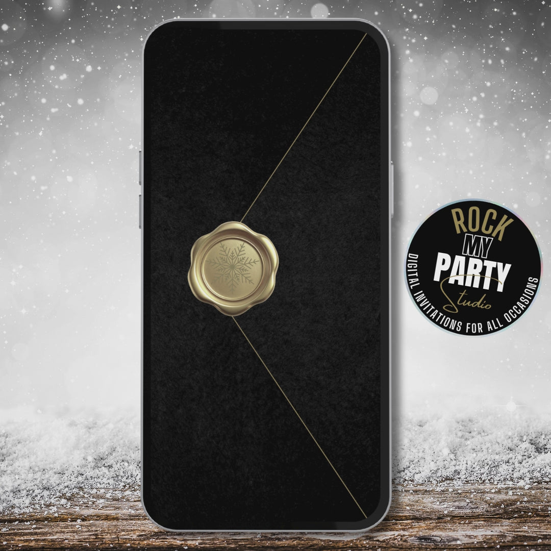 Animated black and gold Christmas invitation featuring sparkling snowflake and festive glowing typography displayed in a mobile phone.