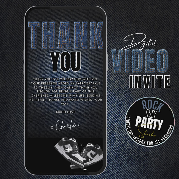 Denim and Dunks Sneaker Party Birthday Invitation with Details and Thank You Card - Self Editable Digital Sneaker Ball Invite Canva Template