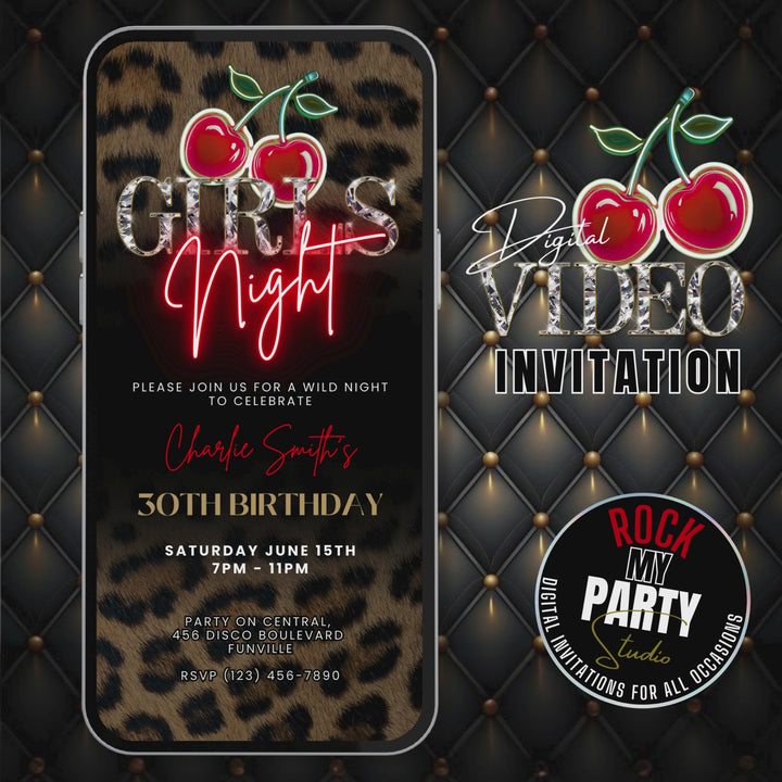 Wild Cherry Leopard Print Girls Night Invitation with Vibes & Thank You Card – Self Editable Digital Template