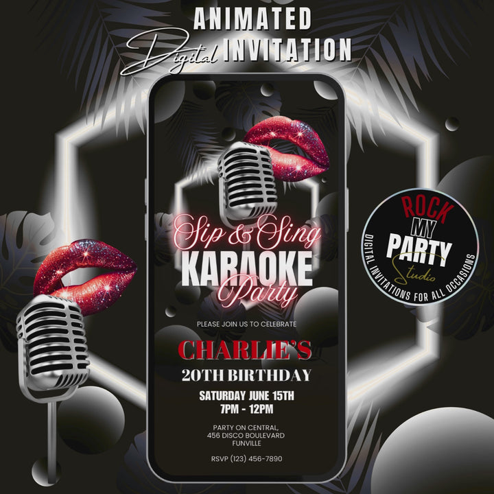 Karaoke Party Invitation with Details - Red & Black Neon Sip and Sing Adult Karaoke Invite Canva Template