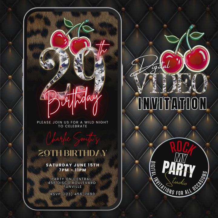 Wild Cherry Leopard Print 29th Birthday Invitation with Vibes – Self Editable Digital Template