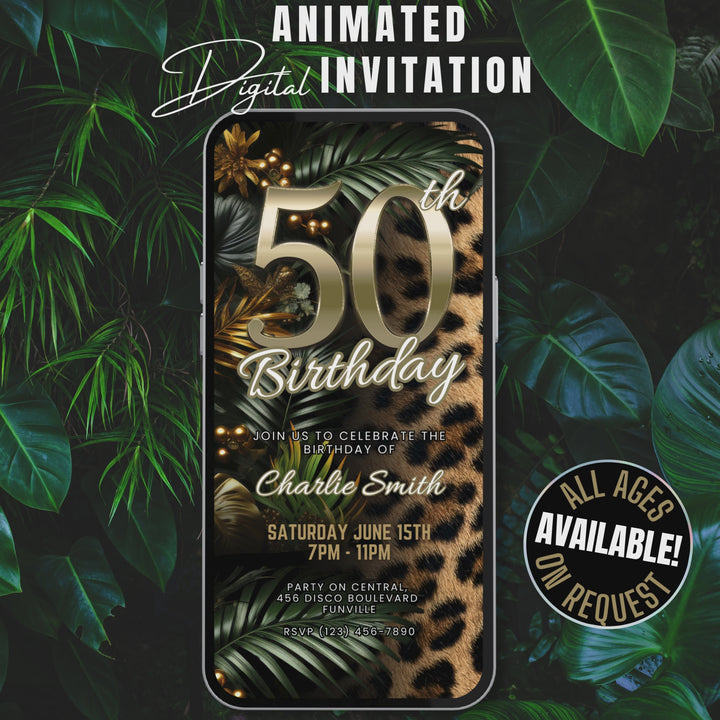 Safari Leopard Print 50th Birthday Invitation with Details – Digital Party Template