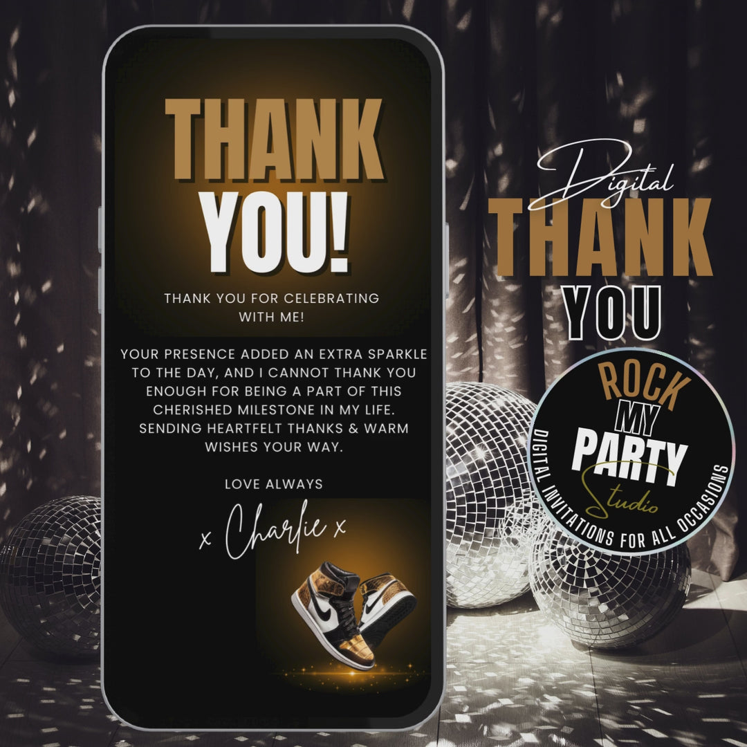 Gold Sneaker Ball Birthday Invitation with Details & Thank You Card - Digital Sneaker Party Invite Canva Template