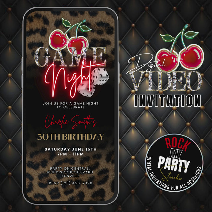 Game Night Invitation with Details, Leopard Print & Cherry Themed – Self Editable Digital Template