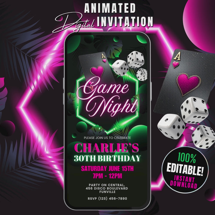 Birthday Game Night Invitation – Neon Tropical Casino or Poker Night Digital Invite Template