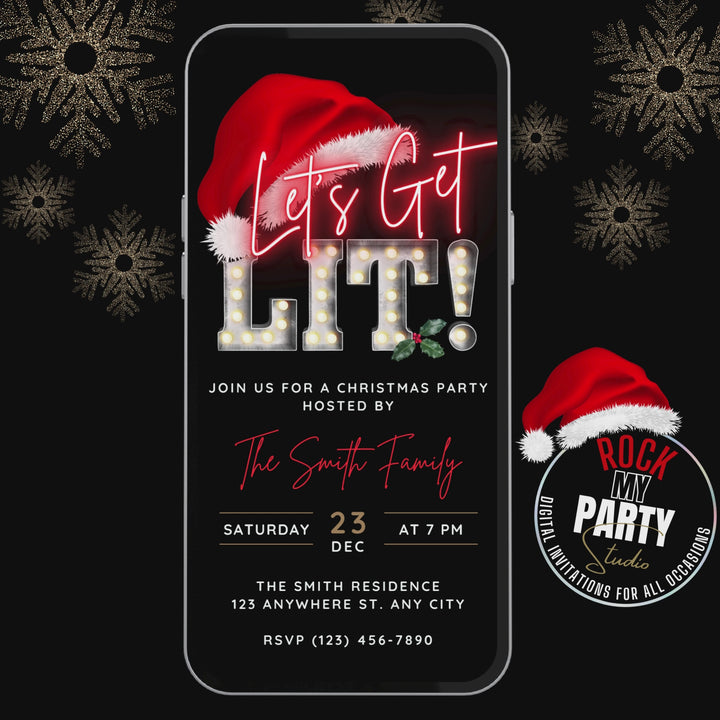 Let’s Get Lit Christmas Animation Invitation – self editable Canva template with neon marquee lights and red Santa hat on black gold festive background displayed in a phone. Customizable Christmas Party Invite digital download