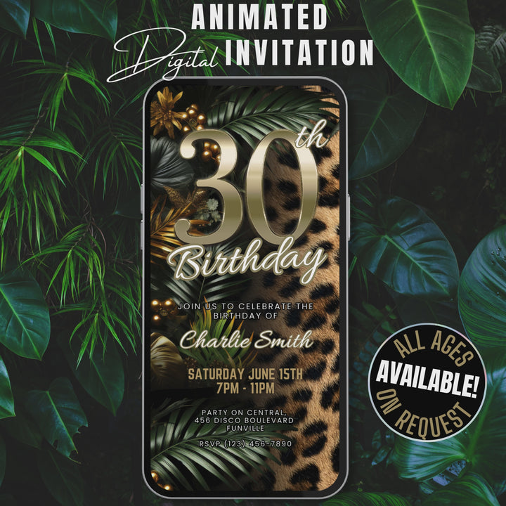 Safari Leopard Print 30th Birthday Invitation with Details – Digital Party Template