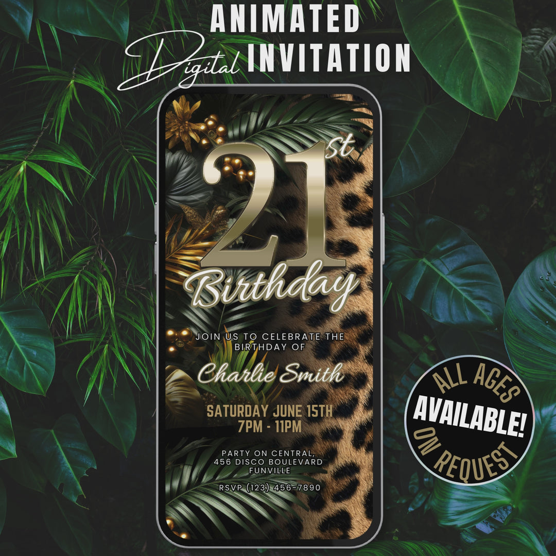 Safari Leopard Print 21st Birthday Invitation with Details – Digital Party Template