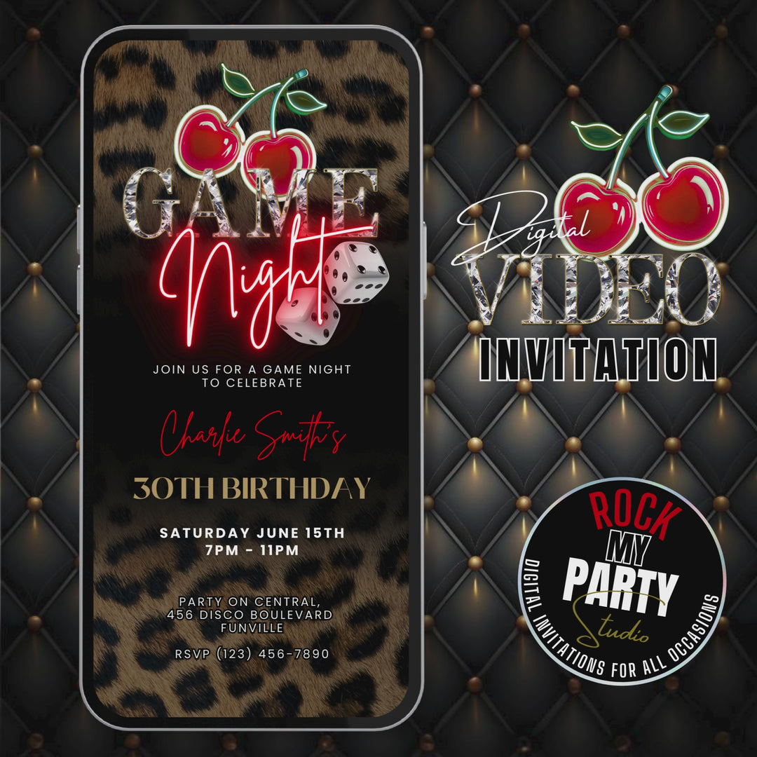 Wild Cherry Leopard Print Game Night Invitation – Self Editable Digital Template