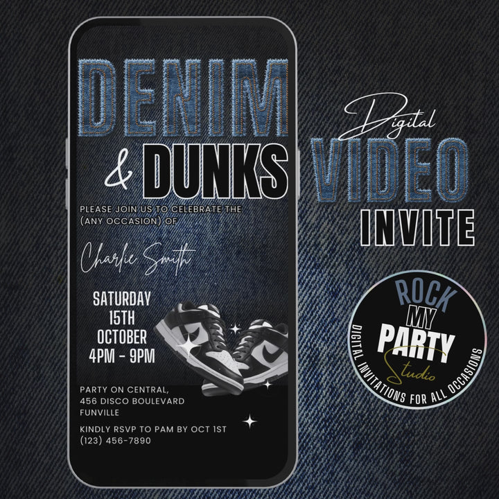 Denim and Dunks Birthday Invitation - Self Editable Digital Sneaker Party Invite Canva Template