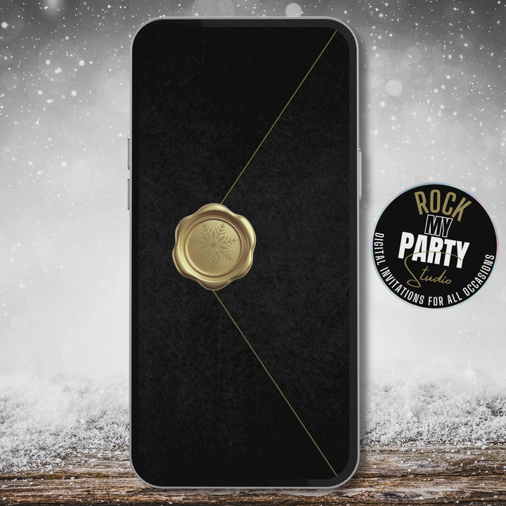 Digital black and gold Christmas dinner invitation featuring a glowing gold Christmas tree. Includes matching details page ideal for an elegant Christmas Gala or festive dinner. Luxurious digital design editable in Canva, shown displayed on a smartphone screen.