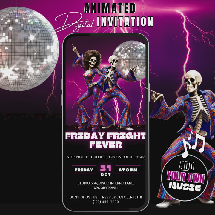Groovy Halloween Invitation with Details – Retro Friday Fright Fever Disco Party Digital Invite Template