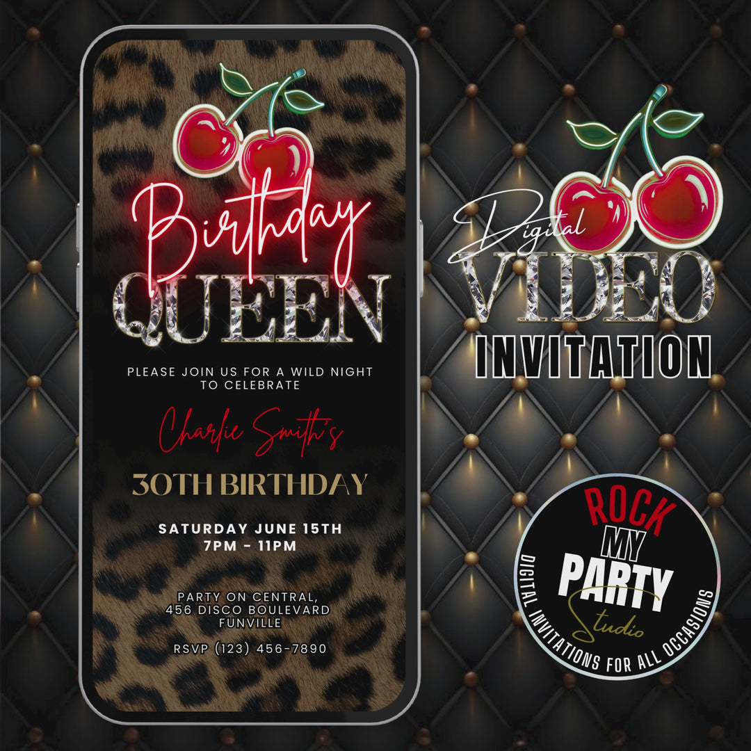 Birthday Queen Invitation with Vibes and Thank You Card – Leopard Print and Cherry Party Invite – Self Editable Digital Template