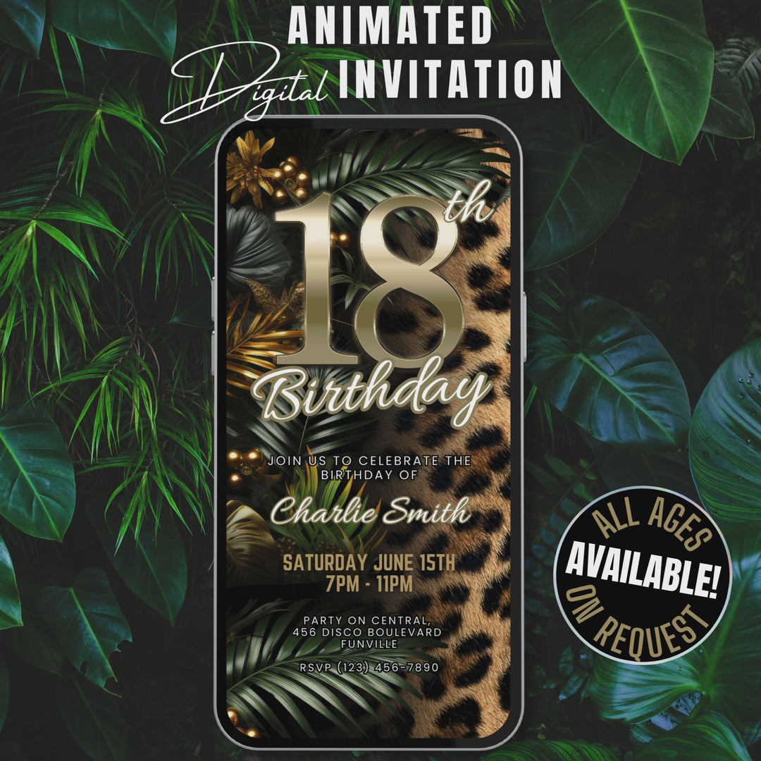 Safari Leopard Print 18th Birthday Invitation with Details and Thank You Card – Digital Party Template