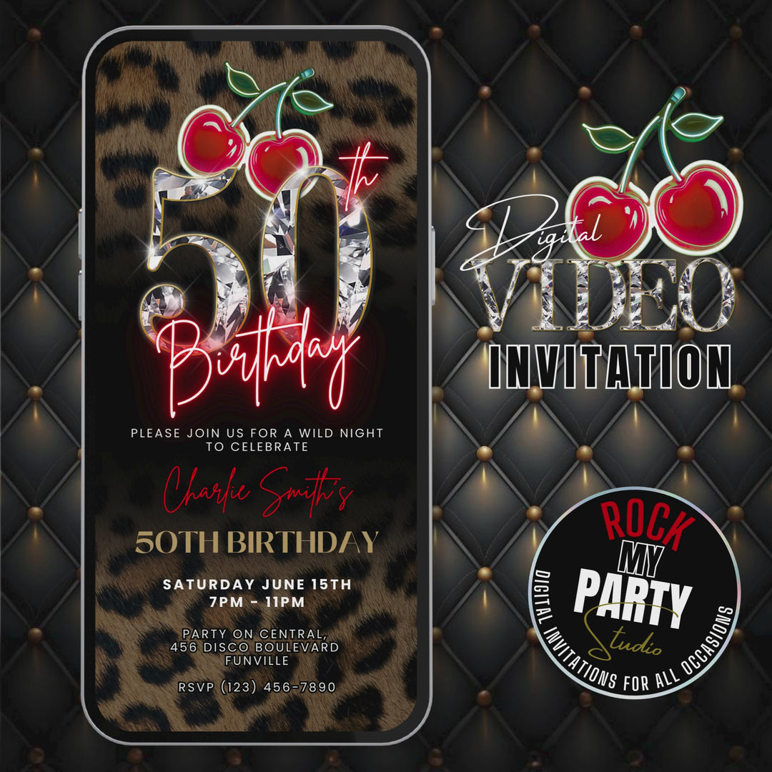 Wild Cherry Leopard Print 50th Birthday Invitation Video – Self Editable Digital Template