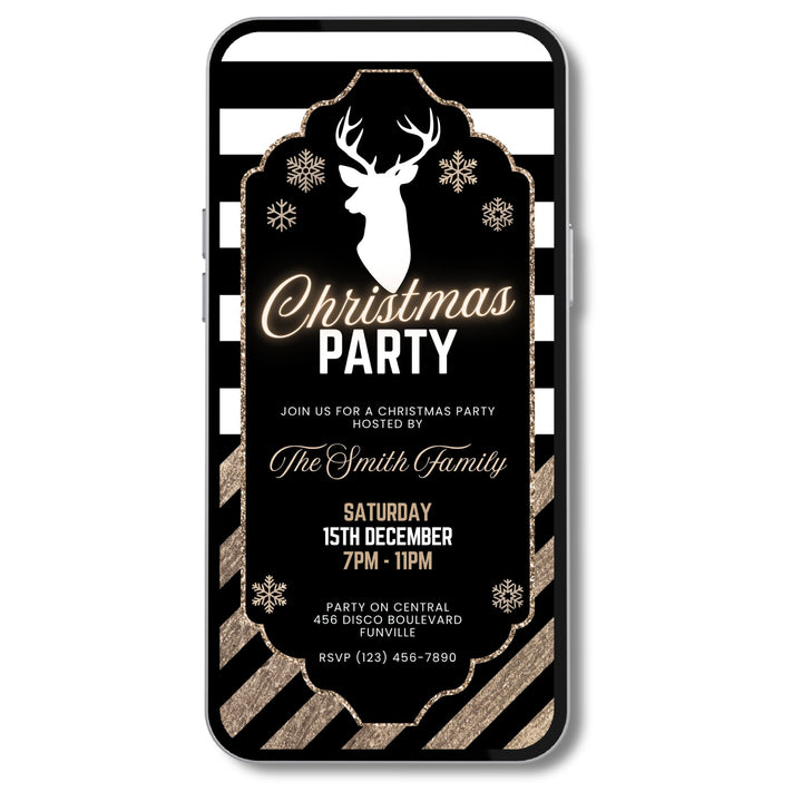Black and gold Christmas party invitation displayed on a phone screen. Editable digital holiday evite made in Canva, elegant reindeer design.